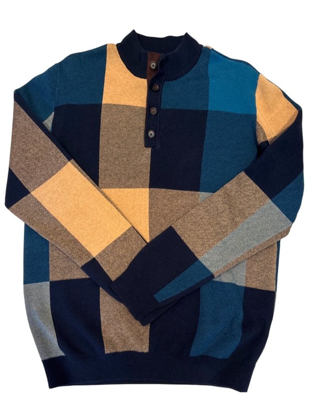 Paul Fredrick Mens Multi-Color Checkered Sweater 4-Button Mock Neck Size M